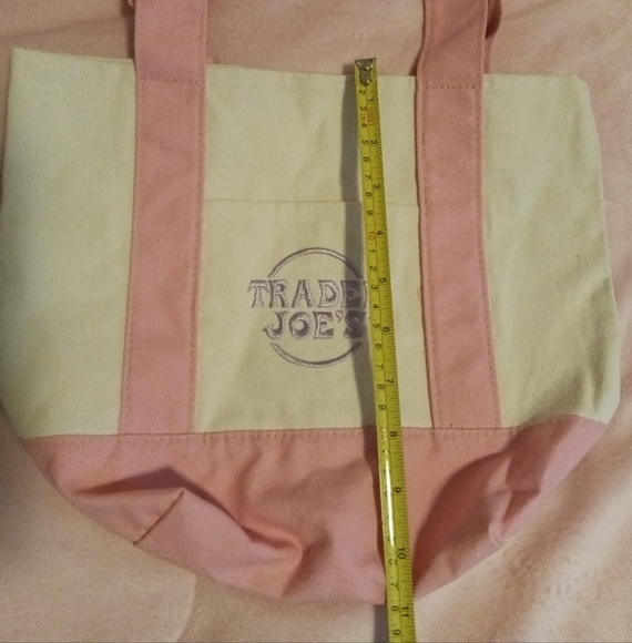 NWOT Trader Joe's Mini Pastel Canvas Tote Bag - Pink w/Lavender Embroidery - Picture 3 of 3